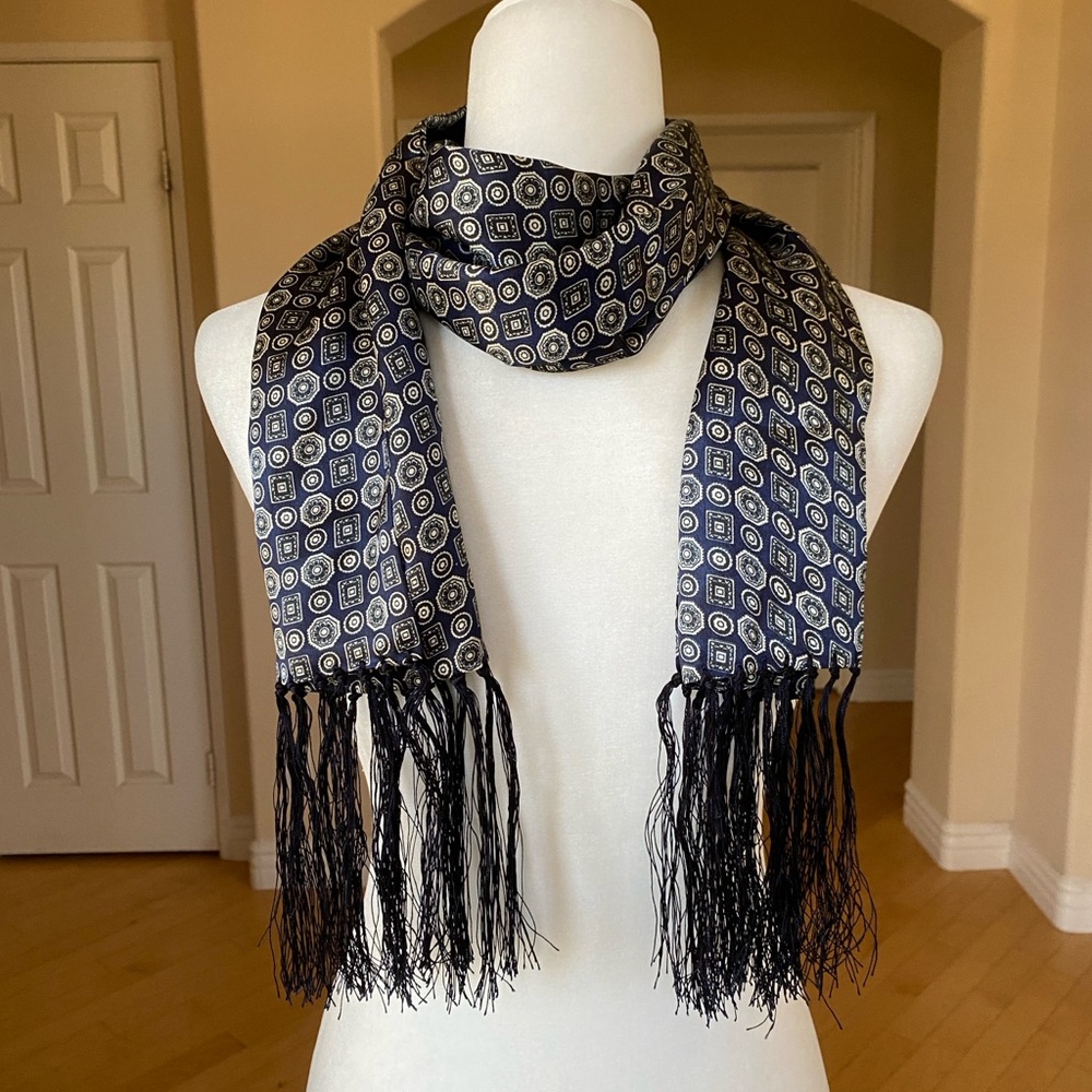 Chic Navy Blue/Silver Geometric Scarf With Black Fringe Unisex